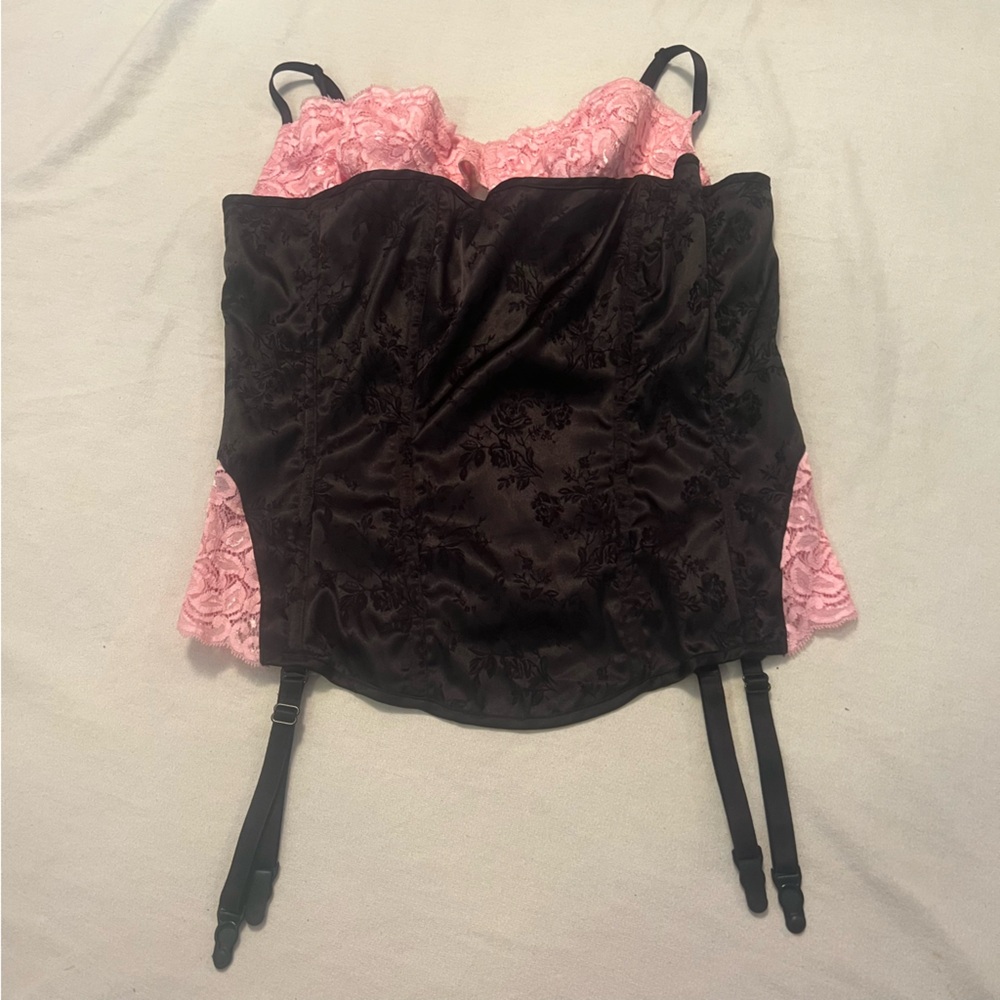 Fredricks of Hollywood black and pink corset with attached bra. Size 38
